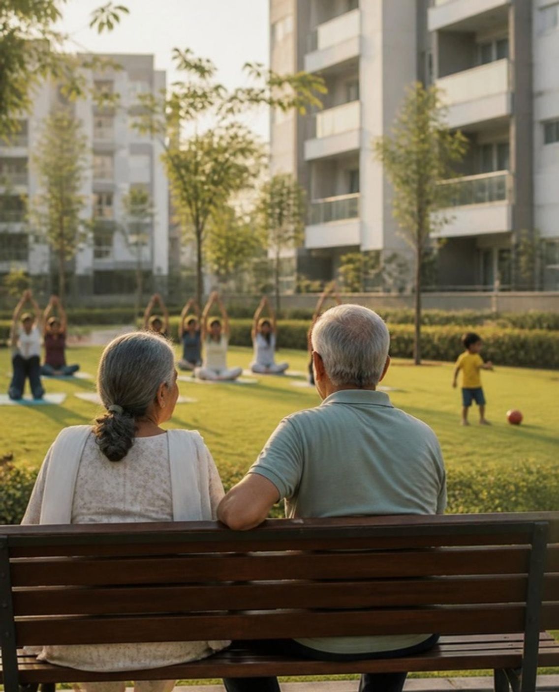 An elderly couple on a garden bench, watching a morning yoga group on the lawn and a child at play.