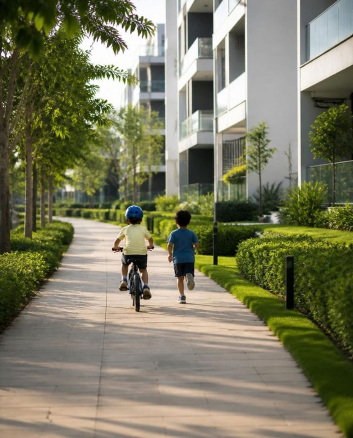 Two children, one cycling in a helmet, heading off along a car-free walkway lined with hedges.