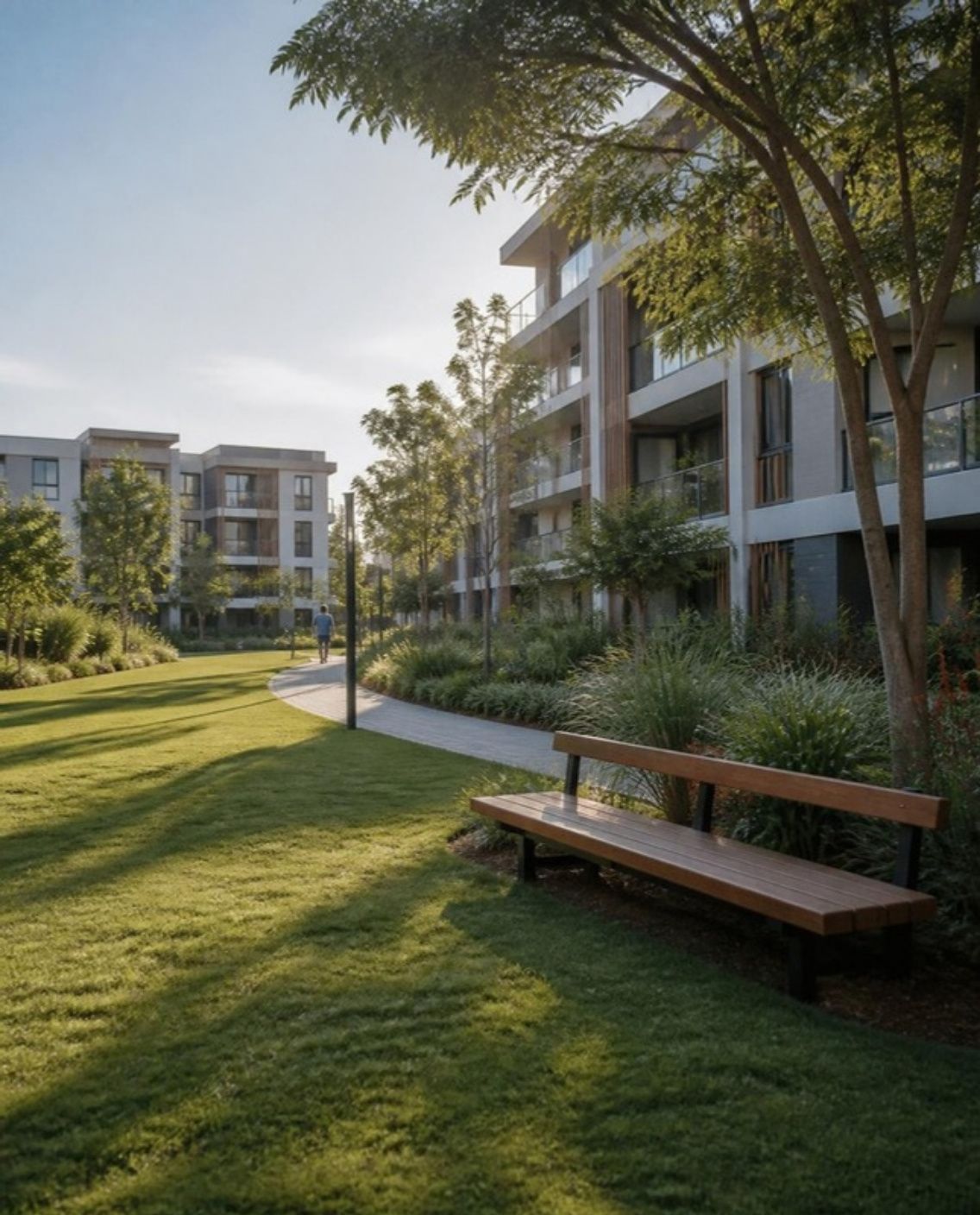 A wide lawn with a curving walkway and a bench, with modern apartment buildings set back behind the trees.