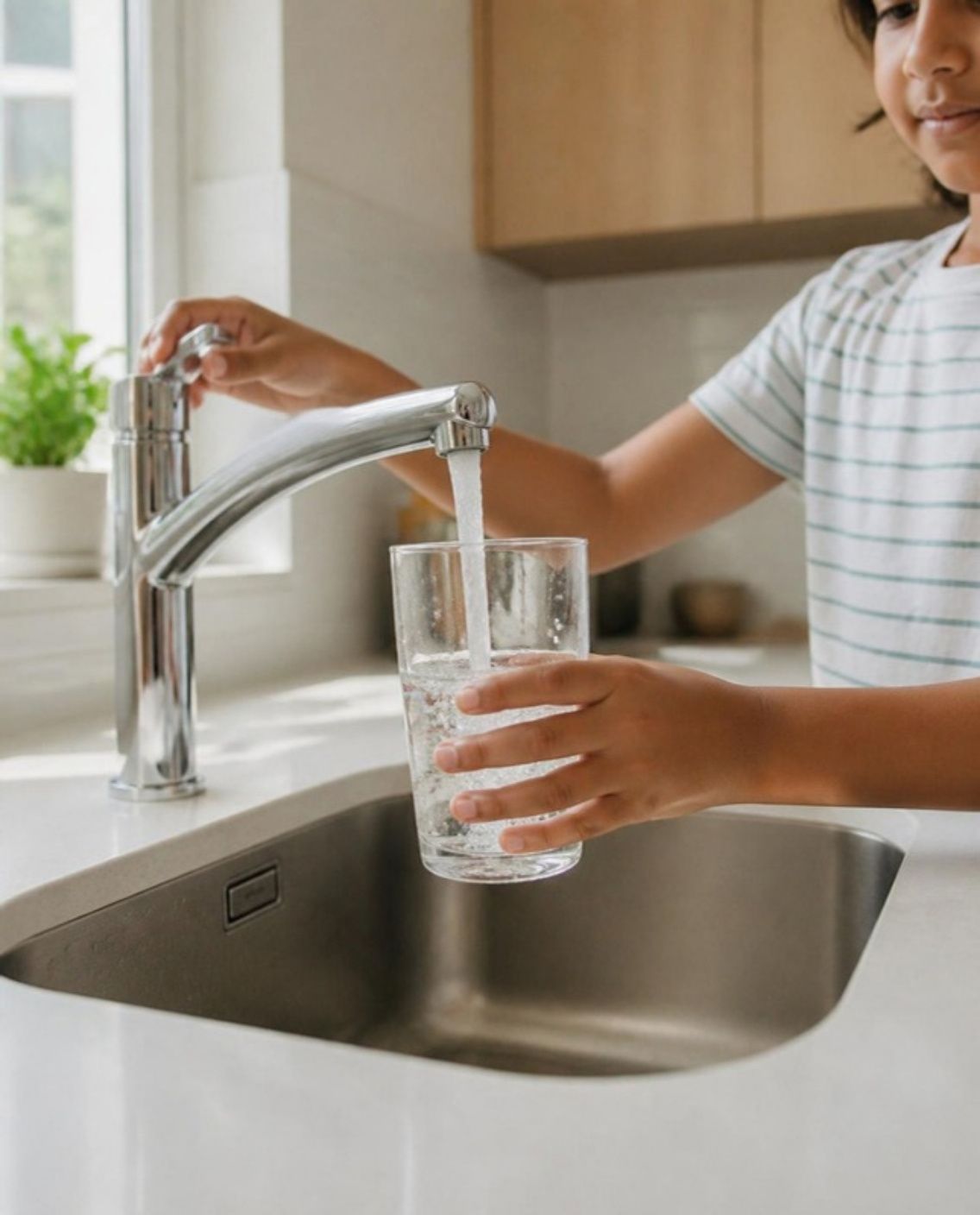 A child filling a glass with clear water at a kitchen tap.