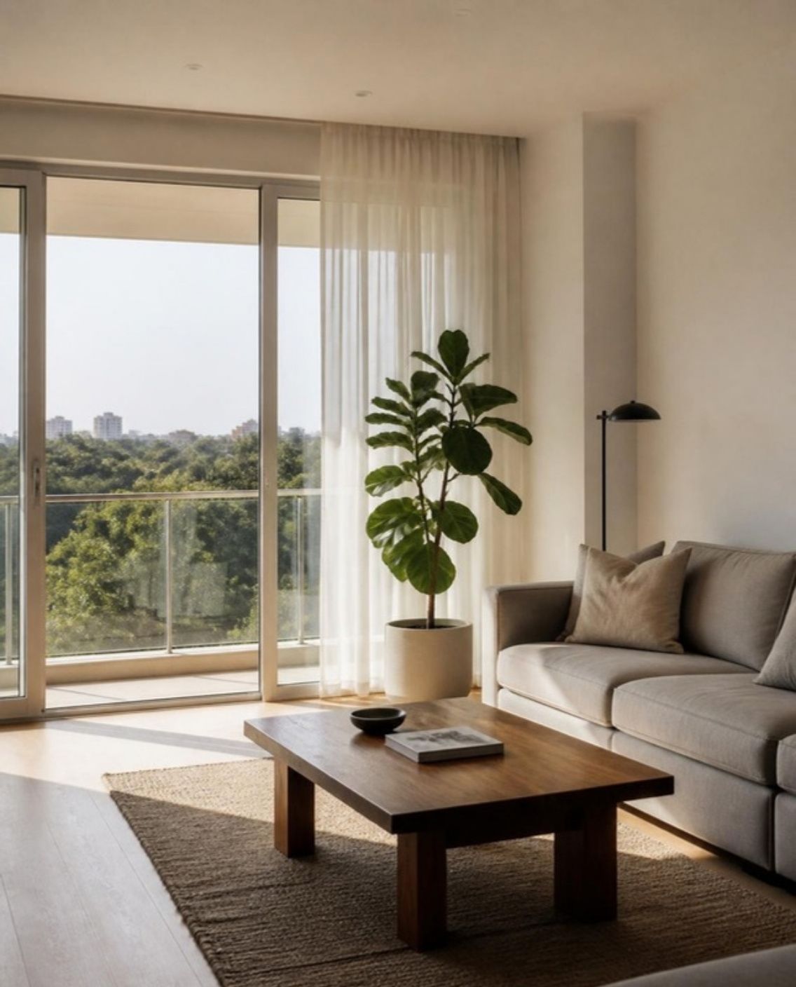 A bright living room with a low sofa, a wooden coffee table and glass doors opening onto a balcony above the treetops.